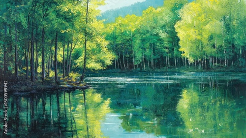 Serene Lakeside Scene with Verdant Forest Reflection in Calm Water
