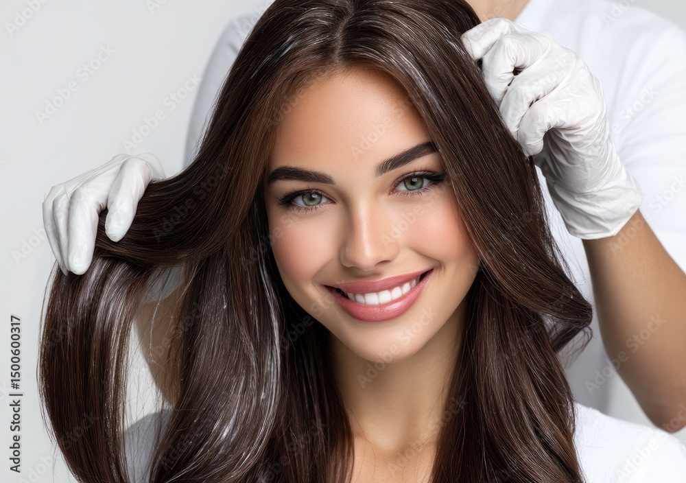 A woman is having her hair styled by an expert in the salon, smiling at the camera. The professional is wearing gloves and using metallic-colored dye to add color highlights to their sleek A woman is having her hair styled by an expert in the salon, smiling at the camera. The professional is wearing gloves and using metallic-colored dye to add color highlights to their sleek