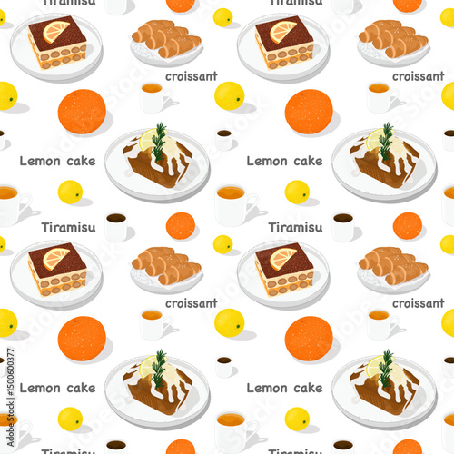 Dessert seamless pattern. Tiramisu, lemon cake and croissant pattern.	