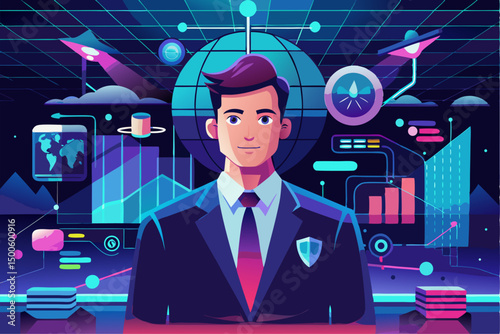 Business person interacting with a futuristic digital marketing interface, showcasing online advertising analytics, data charts, email marketing, and campaign performance metrics on a virtual screen. 