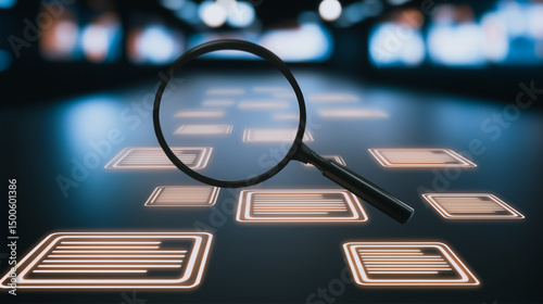 Decoding Digital Data: A magnifying glass hovers above a series of illuminated panels, symbolizing the process of data analysis, examination, and exploration of information photo