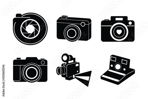 A diverse set of vintage and digital camera icons with lenses and flash for photography equipment design vector silhouette