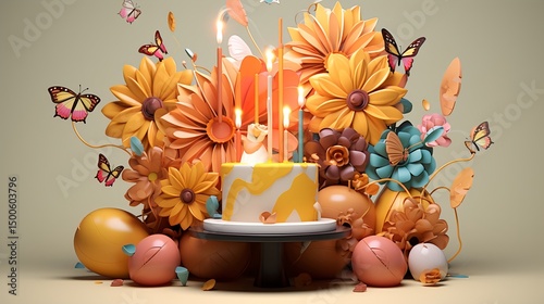Birthday cake celebration decorative flowers and butterflies