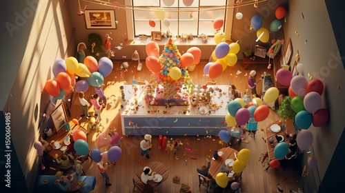 Festive indoor party scene with colorful balloons and treats