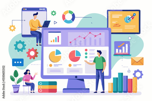 Business person interacting with a futuristic digital marketing interface, showcasing online advertising analytics, data charts, email marketing, and campaign performance metrics on a virtual screen. 