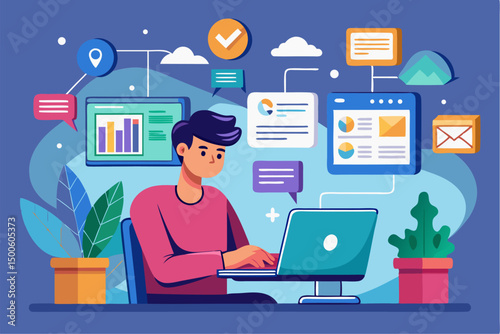 Business person interacting with a futuristic digital marketing interface, showcasing online advertising analytics, data charts, email marketing, and campaign performance metrics on a virtual screen. 
