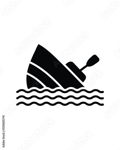 Sinking boat icon with paddle in water black and white vector