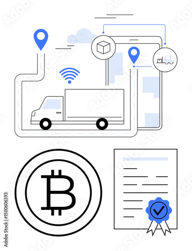 Digital truck tracking route with blockchain-based validation, GPS, wireless nodes. Bitcoin concept, certified document. Ideal for logistics, blockchain, cryptocurrency, IoT security fintech