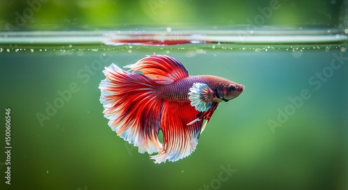Stunning Red and White Betta Fish in Aquatic Habitat Vibrant Colors and Graceful Movement