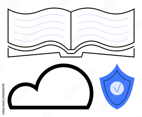 Open book representing knowledge, cloud icon symbolizing storage, and shield denoting security. Ideal for education, technology, data protection, cloud service, learning platforms, cybersecurity