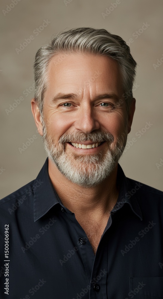 Fototapeta premium Photo Portrait of Smiling Middle Aged Man with Gray Hair against Beige Background
