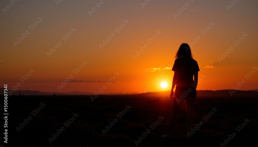Obraz premium a serene moment at sunset. a person is standing in silhouette, gazing out towards the horizon