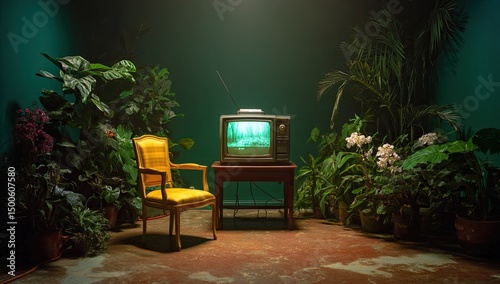Retro TV room filled with lush greenery