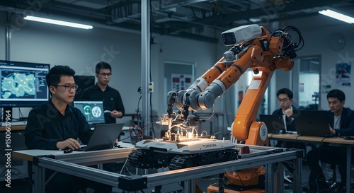 Engineers Programming Robotic Arm in Lab for Testing