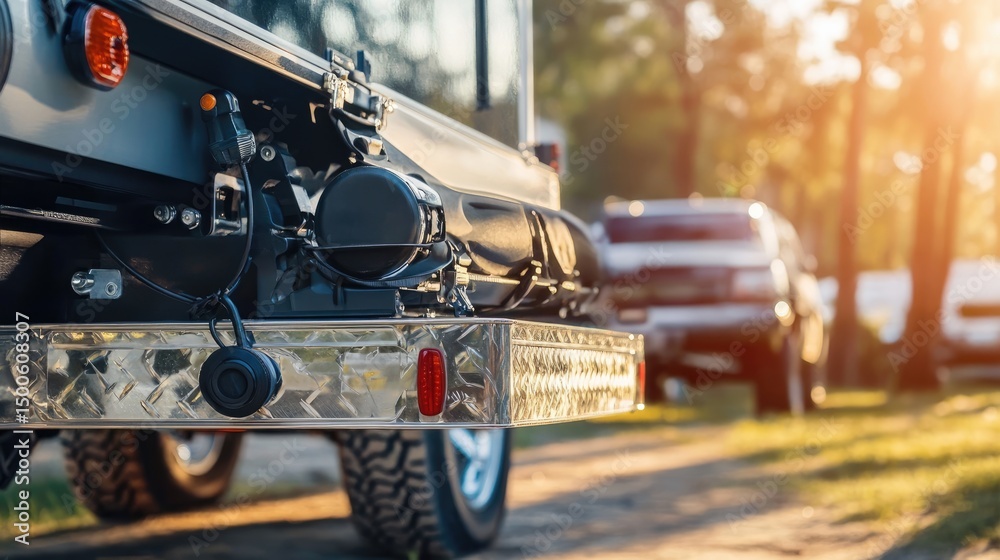 Fototapeta premium Trailer coupler locked onto towing hitch ball