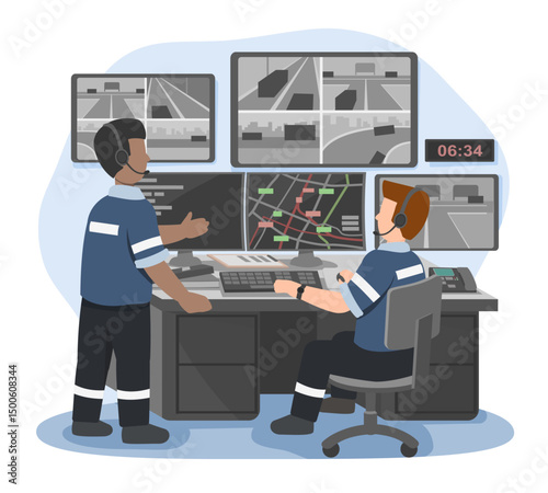 Emergency dispatch operators monitoring city traffic and coordinating real-time response from a control room filled with surveillance screens at early morning hours