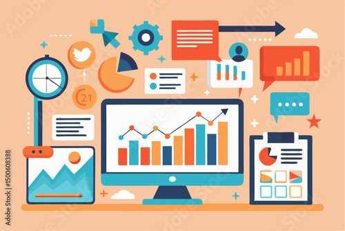 Business person interacting with a futuristic digital marketing interface, showcasing online advertising analytics, data charts, email marketing, and campaign performance metrics on a virtual screen. 
