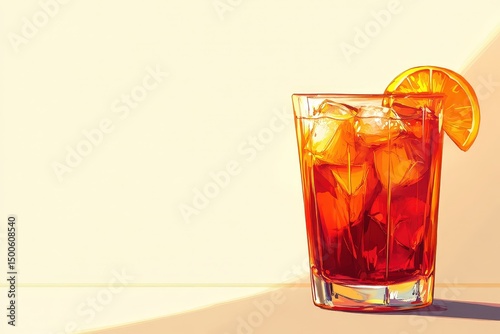 A vibrant illustration of a cocktail with ice and an orange slice.