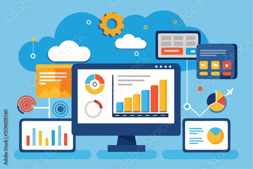 Business person interacting with a futuristic digital marketing interface, showcasing online advertising analytics, data charts, email marketing, and campaign performance metrics on a virtual screen. 