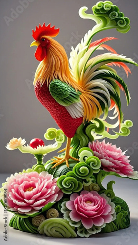 A brown farm rooster, a domestic fowl, stands near a floral garden, also seen as a vector illustration art on a wall and a fence