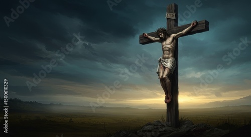 Pixelated Illustration of Jesus on the Cross Against a Dramatic Cloudy Sky