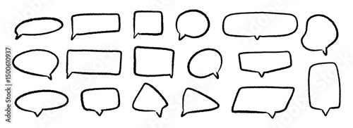 Hand drawn speech bubbles set. Doodled crayon dialog box collection. Sketched textured comic talk frames. Round, square or triangle balloon text box bundle. Chalk pencil chat cloud pack. Vector