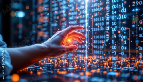 a person's hand is seen reaching out towards a digital display walled with glowing data panels