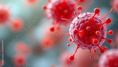an up close view of numerous red virus particles set against a blurred background