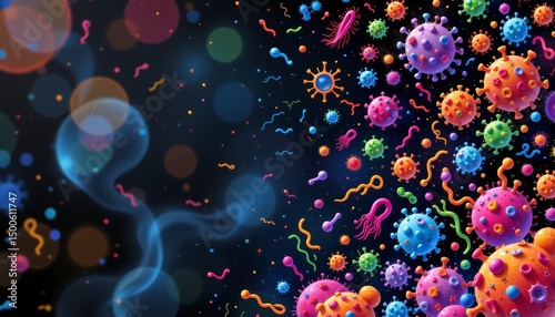a vibrant and colorful display of various shapes and objects that resemble cells and viruses, set against a starry night backdrop