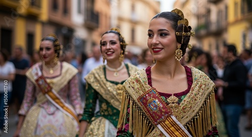 Portrait of Smiling Women in Traditional Dress During a Parade in Valencia
