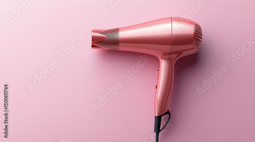 Hair Dryer on Pink: A stylish rose gold hair dryer, perfectly positioned against a soft pink backdrop, offering a clean, contemporary aesthetic and evoking a sense of sleek modernity.