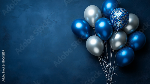 Blue and silver balloons on a dark navy background.Minimalistic layout with space for text creates a festive yet sophisticated mood, perfect for birthday, New Year, anniversaries,events or invitations