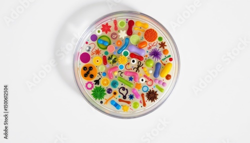 a microscope slide filled with an array of colorful, round objects that resemble pills, each adorned with various decorations