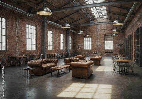 Realistic Interior Photo of Industrial Cafe with Brick Walls and Leather Sofas