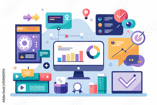 Business person interacting with a futuristic digital marketing interface, showcasing online advertising analytics, data charts, email marketing, and campaign performance metrics on a virtual screen. 