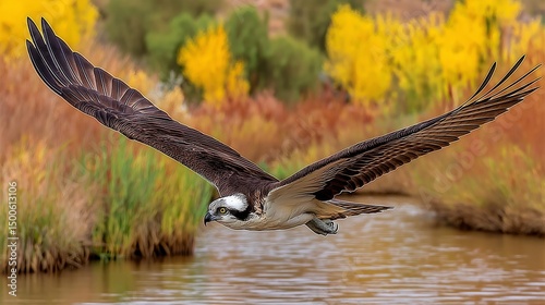 Osprey in Flight: A majestic osprey with outstretched wings glides effortlessly over a tranquil river, its sharp gaze fixed on its next meal, amidst a vibrant backdrop of autumnal reeds.
