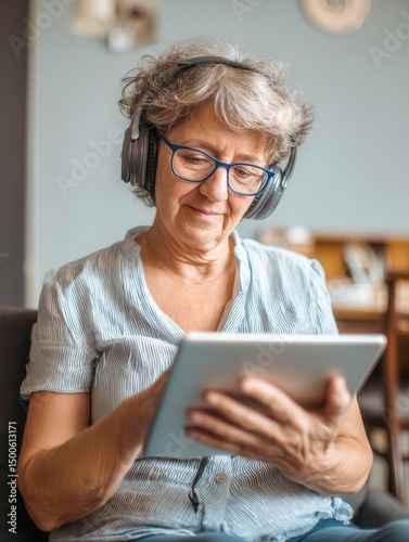 Senior Attending Online Therapy with Headphones