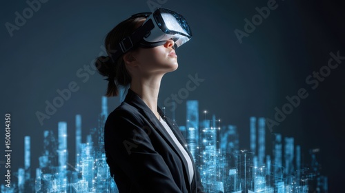Young woman wearing virtual reality headset exploring futuristic city with digital skyscrapers and bright lights during immersive experience