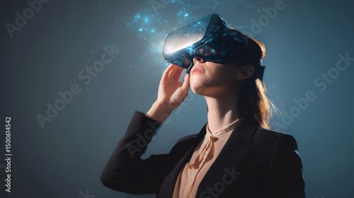 Woman in Business Attire Engaging with Virtual Reality Headset and Exploring Futuristic Digital World with Sparkling Effects