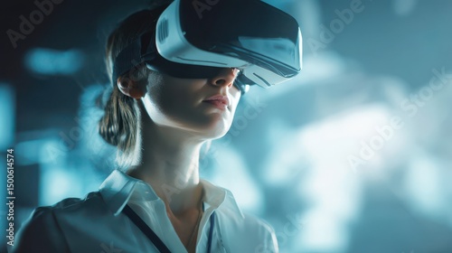 Young Woman Experiencing Virtual Reality Technology in Modern Environment with Headset on While Immersed in Digital World of Multimedia Innovation