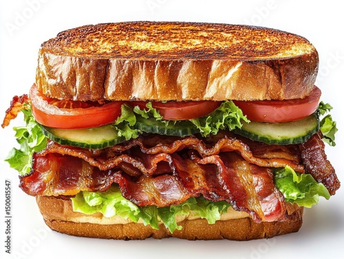 BLT sandwich with crispy bacon, fresh lettuce, and tomato on toasted bread isolated on white background