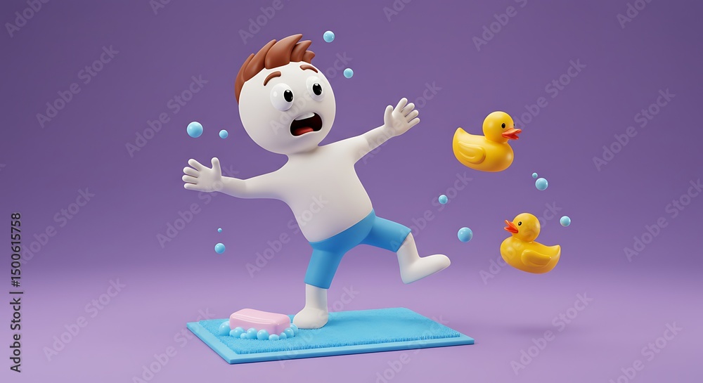 Fototapeta premium Cartoon man slipping on soap with rubber ducks and bubbles in a