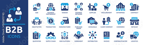B2B icon set. Business to business, supplier, commerce, vendor, enterprise, partnership, manufacturer, purchase order, supply chain, transaction, quotation and more. Solid vector icons collection.