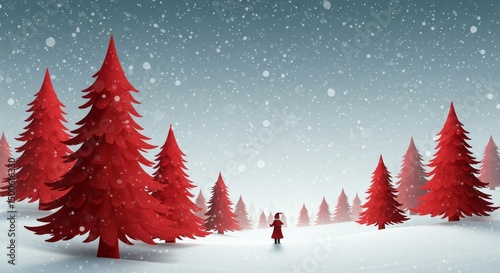 Winter Landscape Illustration With Red Trees Falling Snow and White Background