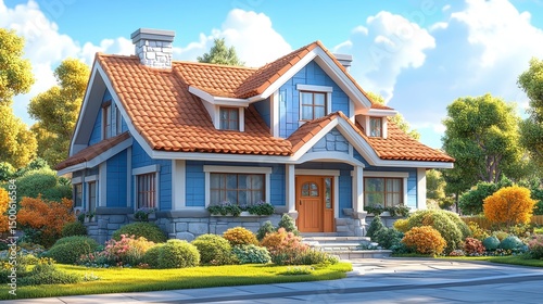 Cozy blue house with orange roof amid lush greenery, a peaceful suburban dream