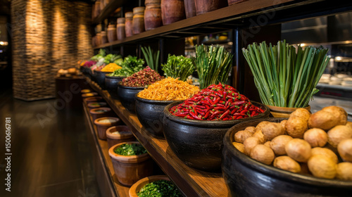 Colorful Display of Fresh Vegetables and Spices in a Modern Restaurant Kitchen with Wooden Shelves and Natural Lighting
