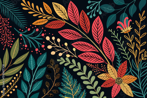 Create an abstract botanical design featuring hand-sketched elements; emphasize organic shapes and flowing lines, incorporating muted earth tones and delicate textures.