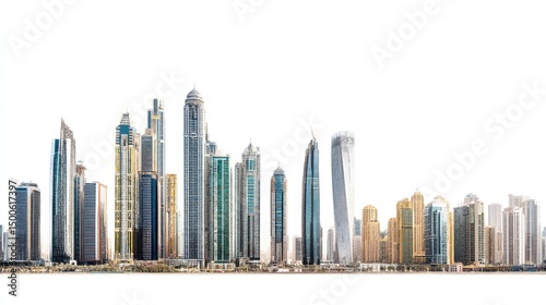 Panoramic View of Modern Skyscrapers and Architectural Landmarks Against a Clear Sky in an Urban City Landscape