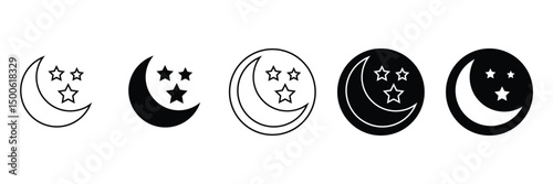 Half moon outline and filled vector icon sign symbol. Moonlight night mode outlined isolated black icon with stars and. Vector illustration.