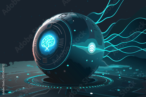 Glowing AI neural network core, intricate circuitry, inside a sleek black technological sphere. Futuristic, high-tech, digital.